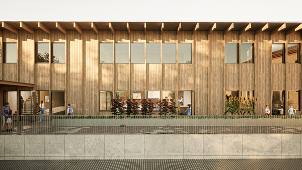 Façade boisée en cœur d'îlot - groupe scolaire Yves Chaze à Samatan